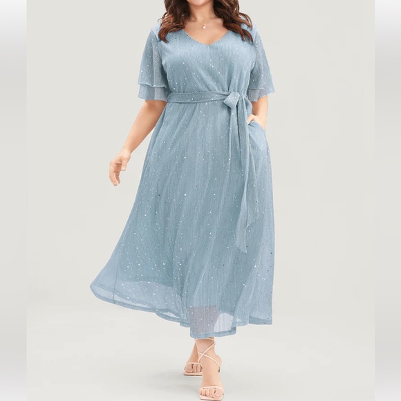 Sold*Sparkle Light Blue Mesh Pocket Ruffle Tiered Belted Midi Dress Size 22-24 - Picture 3 of 9